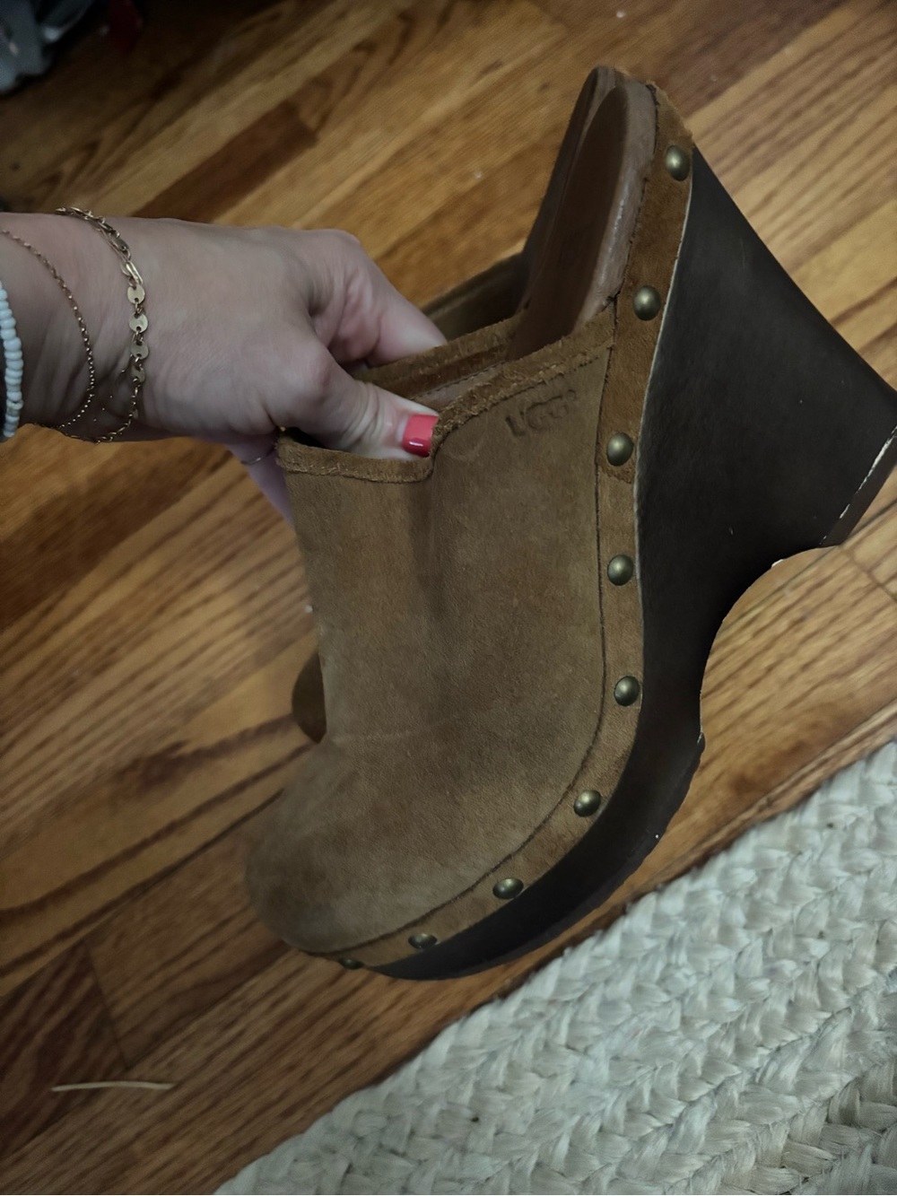 Size 7 UGG Women's Chestnut Suede Clog Mules with Stud Trim
